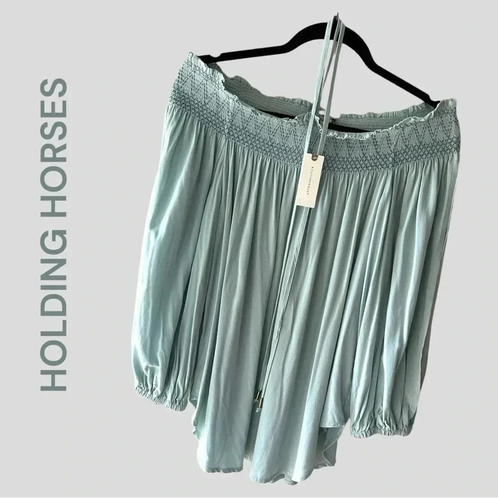 NWT | ANTHROPOLOGIE HOLDING HORSES | SEA BLUE PEASANT HALTER BLOUSE | 	SMALL